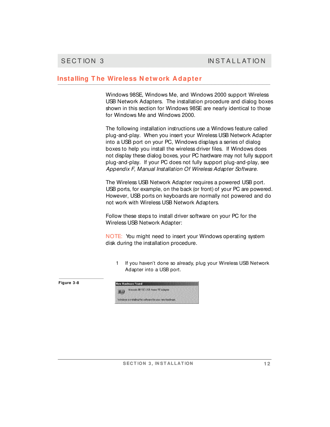 Motorola simplefi manual Installing The Wireless Network Adapter, Section, Installation 