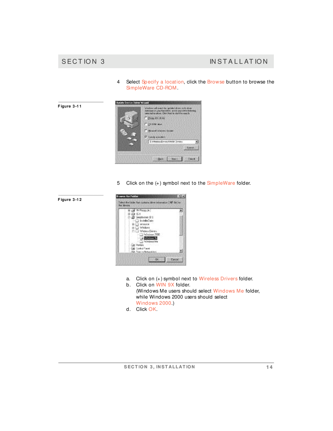 Motorola simplefi manual Section, Installation, b.Click on WIN 9X folder, Windows 