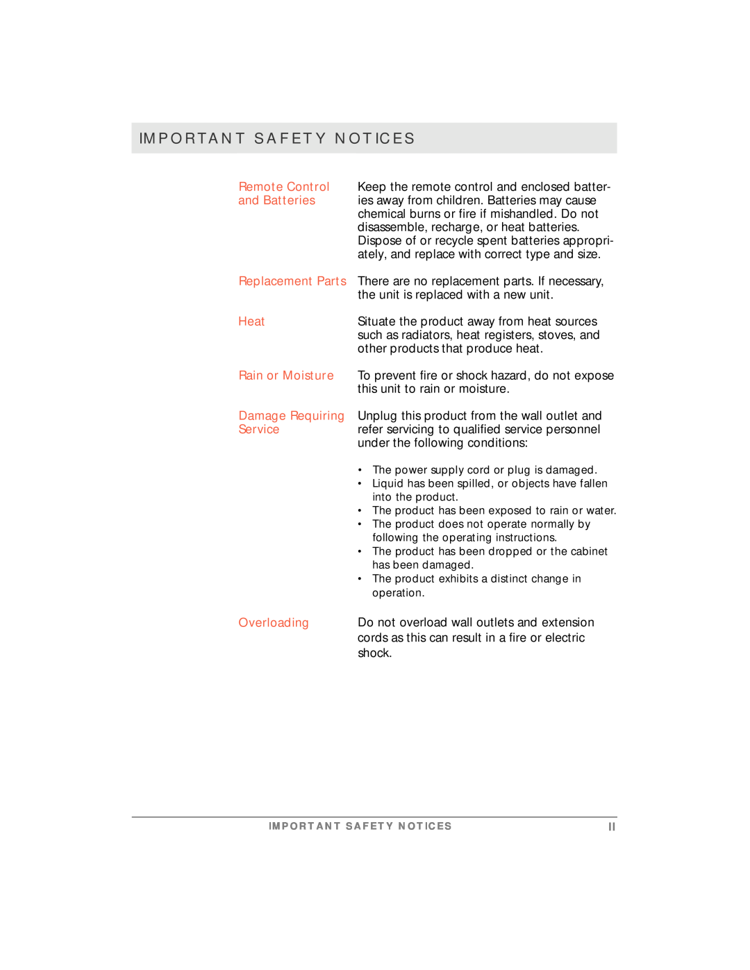 Motorola simplefi manual Heat, Rain or Moisture, Service, Overloading, Important Safety Notices 