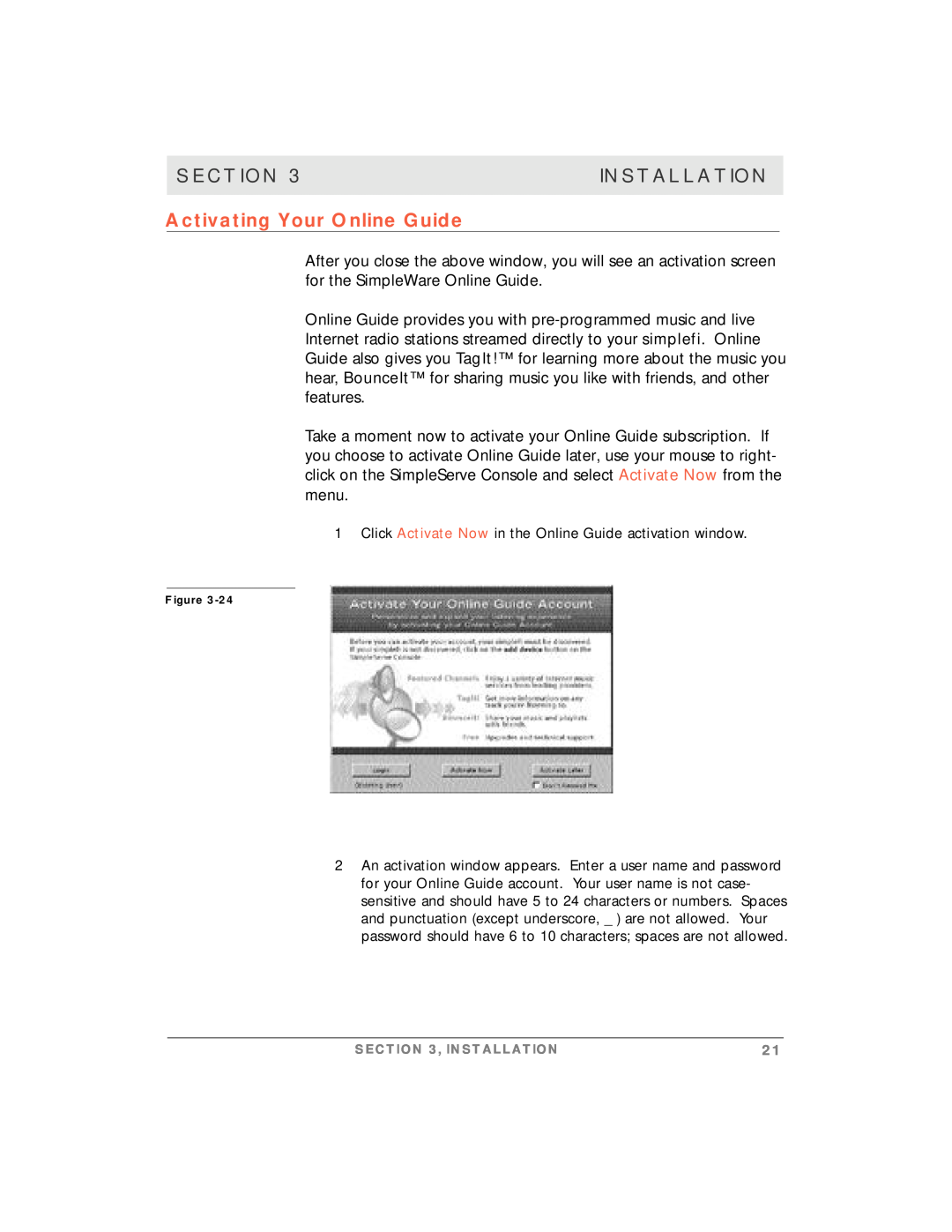 Motorola simplefi manual Activating Your Online Guide, Section, Installation 