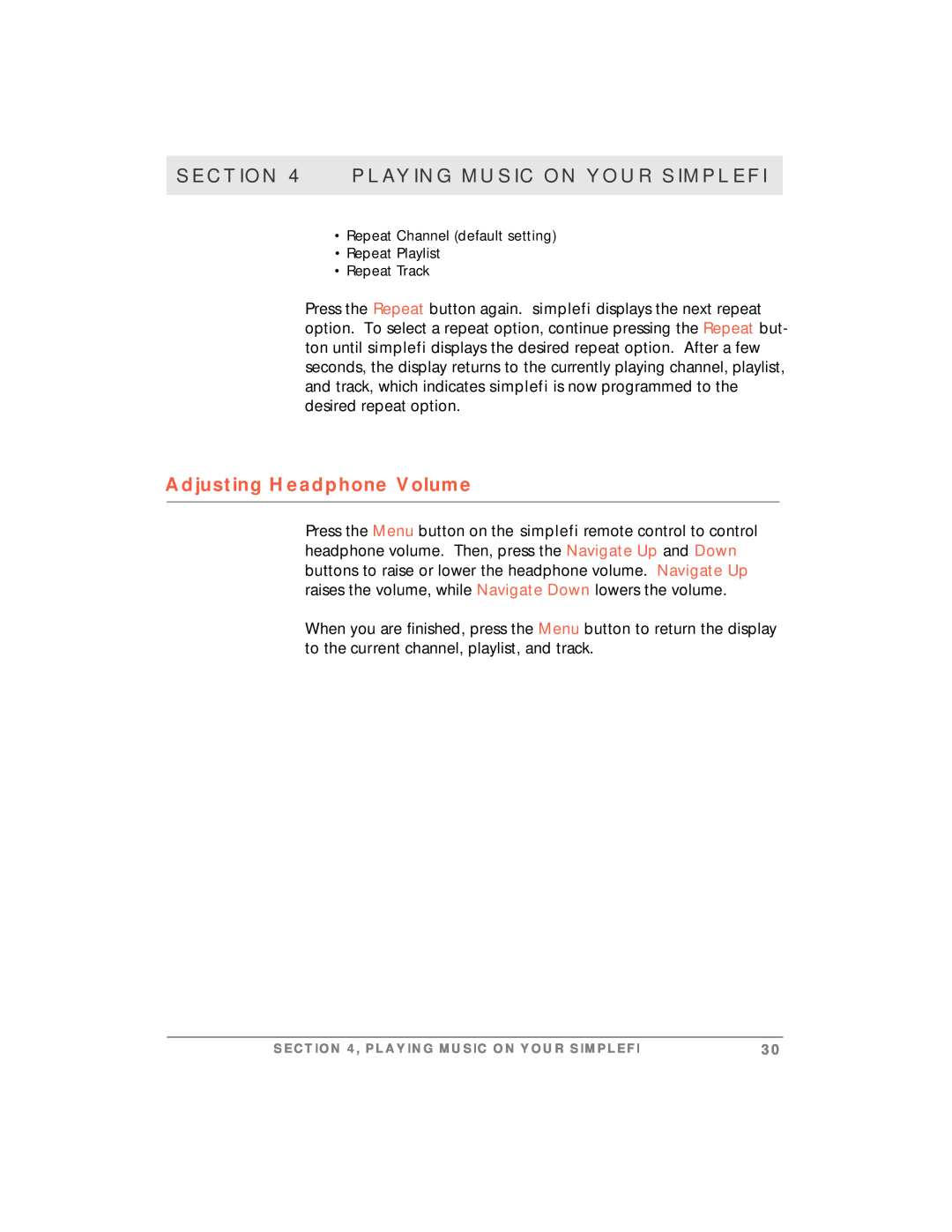 Motorola simplefi manual Adjusting Headphone Volume, Playing Music On Your Simplefi, Repeat Track 