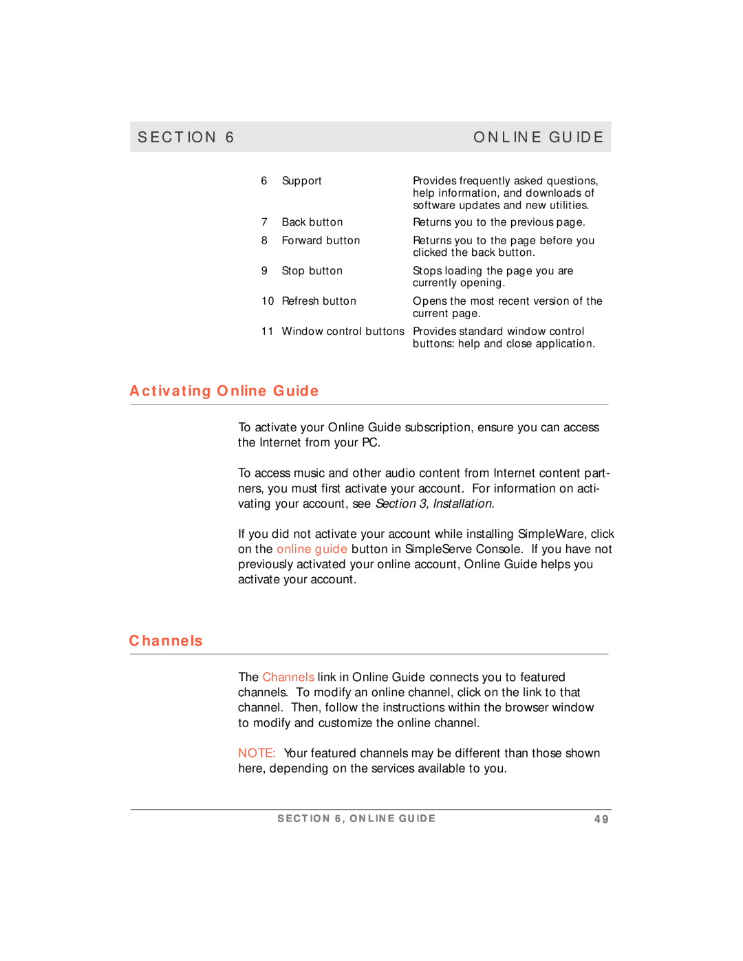 Motorola simplefi manual Activating Online Guide, Section, Channels 