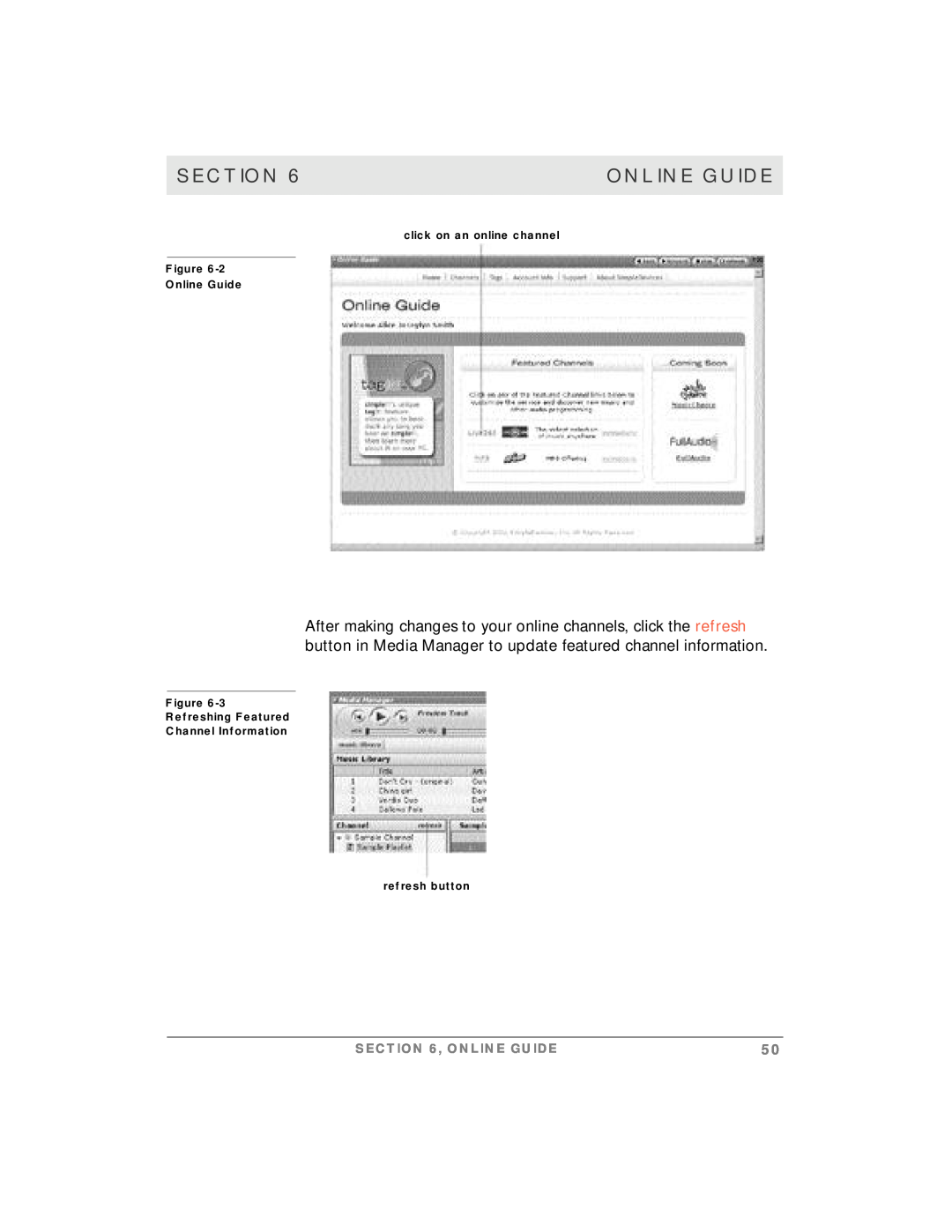 Motorola simplefi manual Section, click on an online channel Figure Online Guide, refresh button 