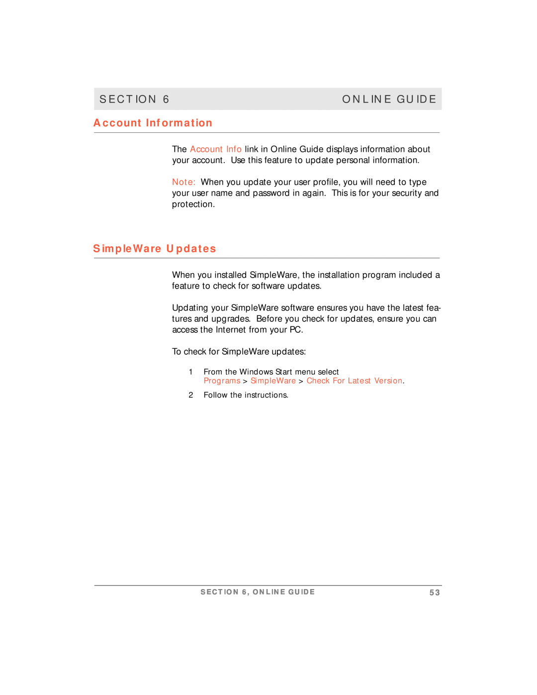 Motorola simplefi manual Account Information, SimpleWare Updates, Section, Online Guide 