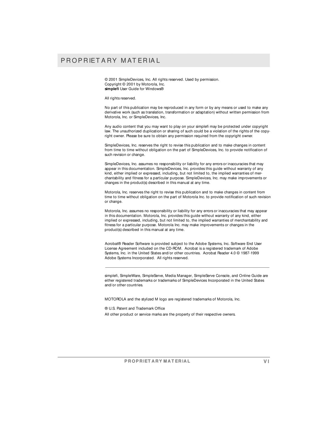 Motorola manual Proprietary Material, Proprietarymaterial, simplefi User Guide for Windows 