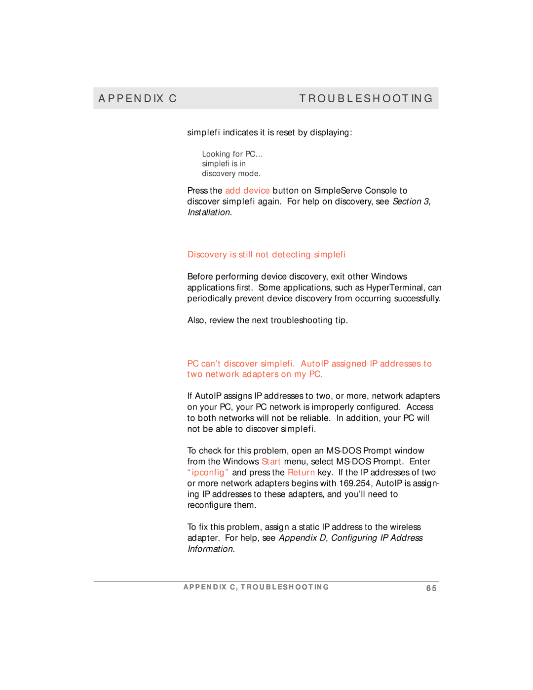 Motorola manual Discovery is still not detecting simplefi, Appendix C, Troubleshooting 