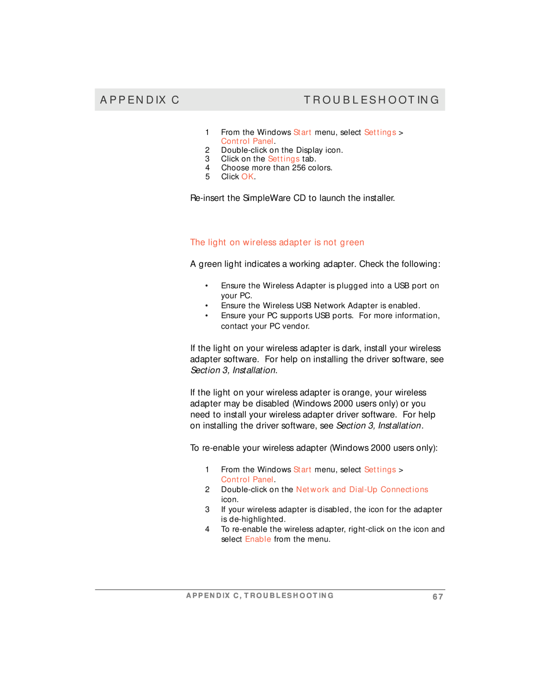 Motorola simplefi manual The light on wireless adapter is not green, Appendix C, Troubleshooting 