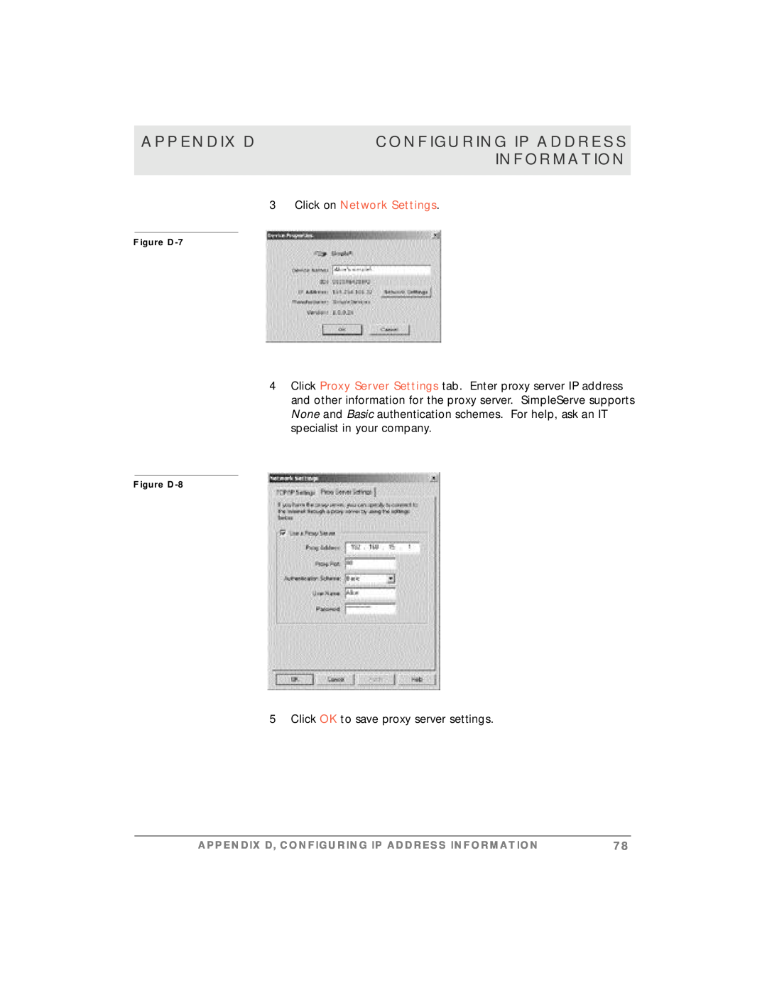 Motorola simplefi Appendix D, Configuring Ip Address, Information, 3Click on Network Settings, Figure D-7, Figure D-8 