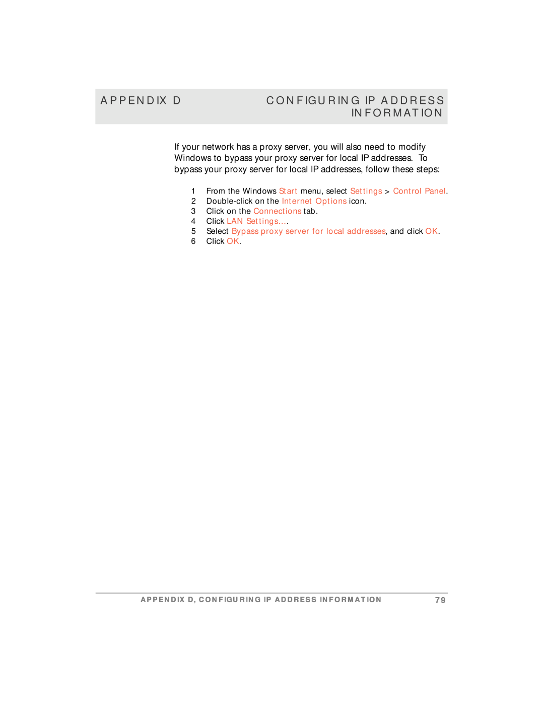 Motorola simplefi manual Appendix D, Configuring Ip Address, Information, 4Click LAN Settings… 