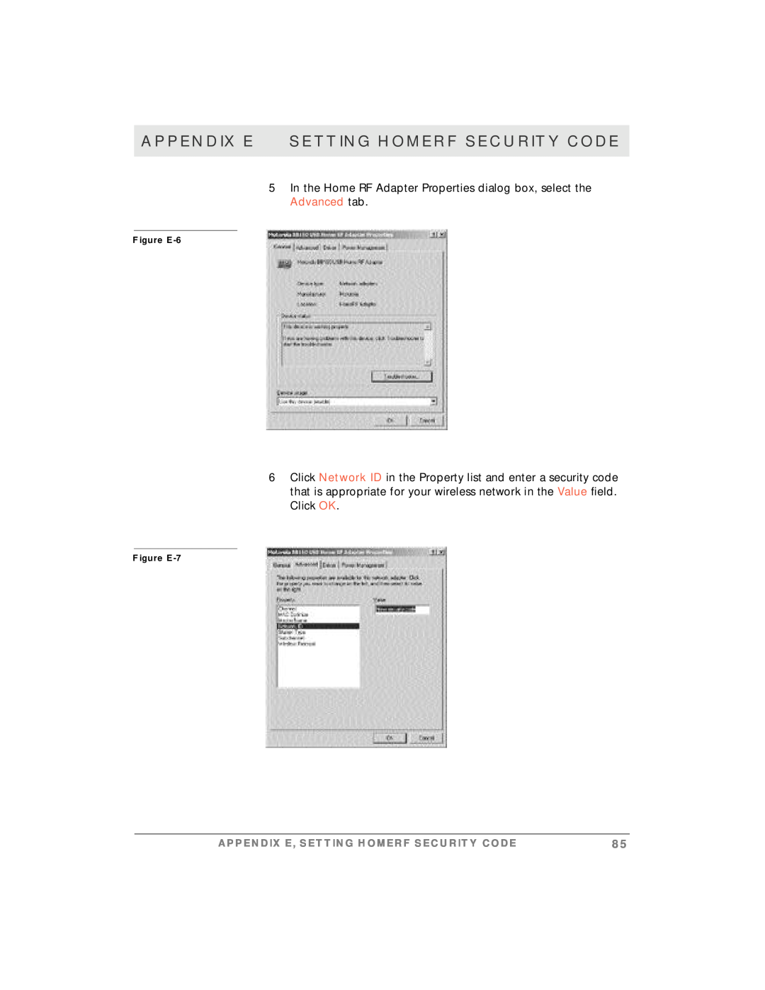 Motorola simplefi manual Appendix E Setting Homerf Security Code, Figure E-6, Figure E-7 