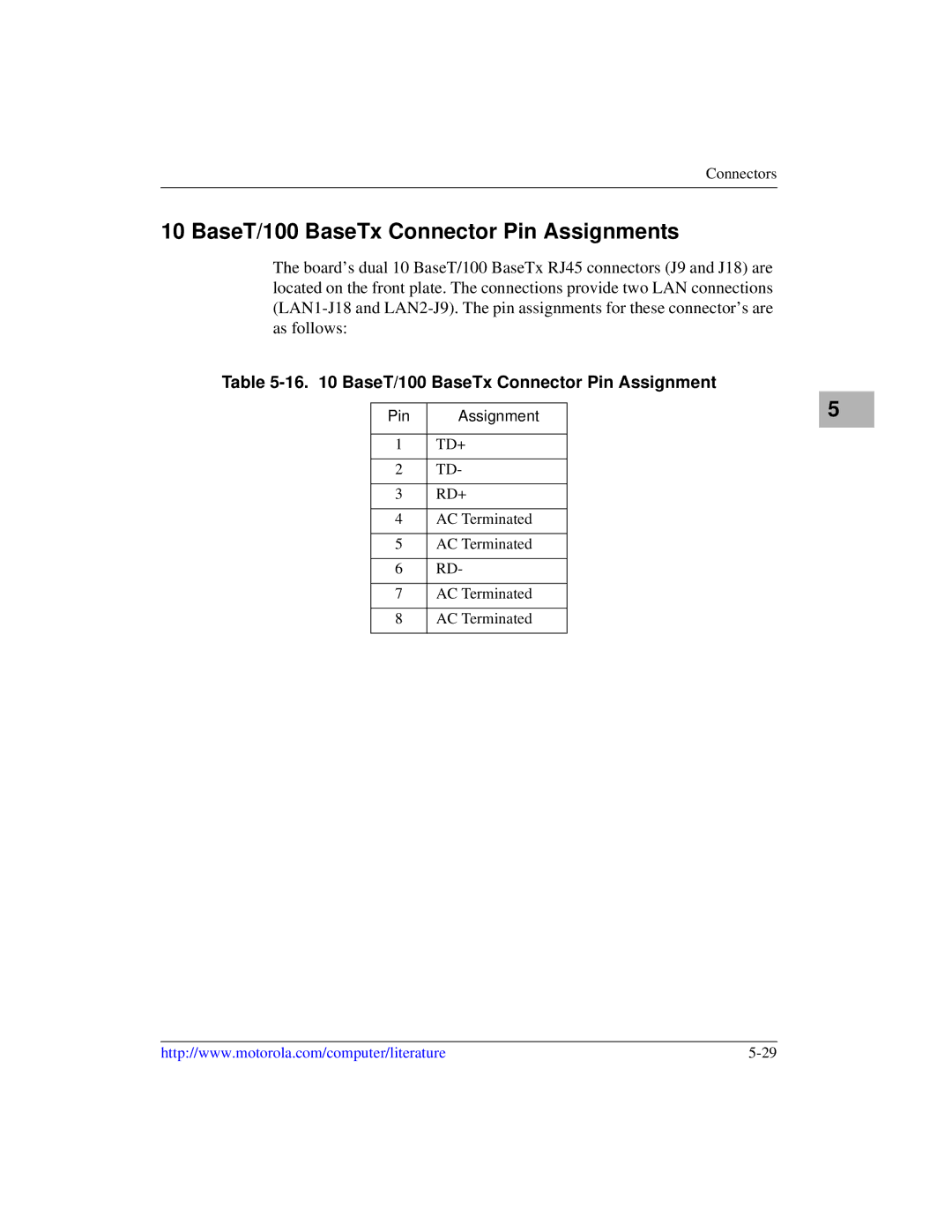 Motorola MVME5100, Single Board Computer manual BaseT/100 BaseTx Connector Pin Assignments 