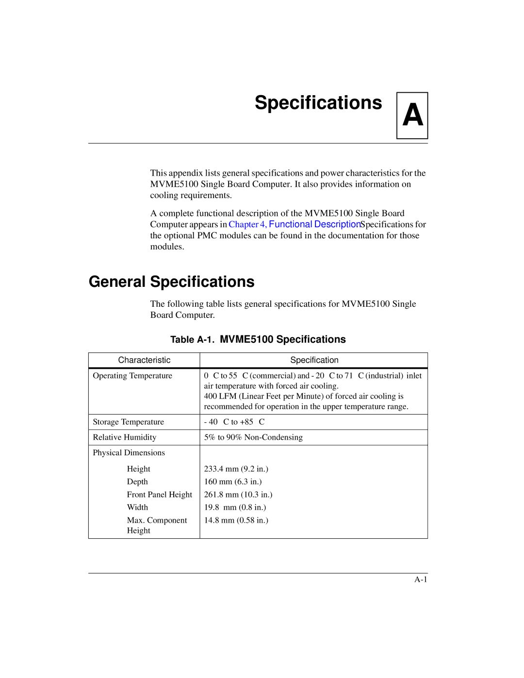 Motorola MVME5100, Single Board Computer manual General Specifications, Characteristic Specification 