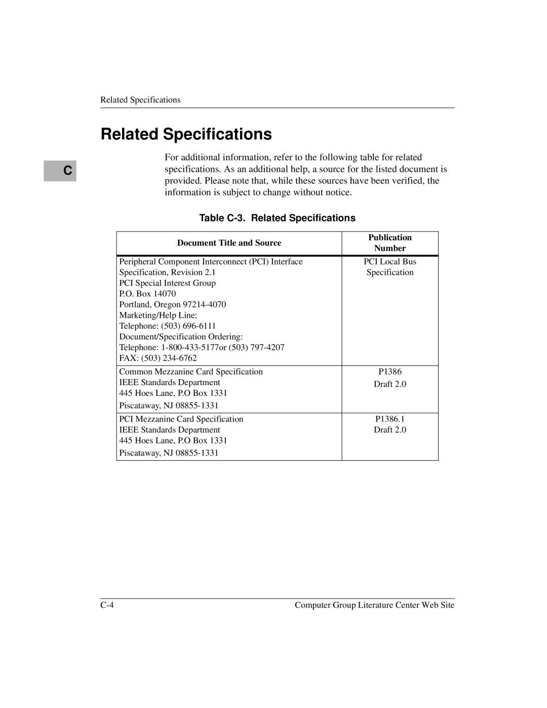 Motorola Single Board Computer manual Table C-3. Related Specifications, Document Title and Source Publication Number 