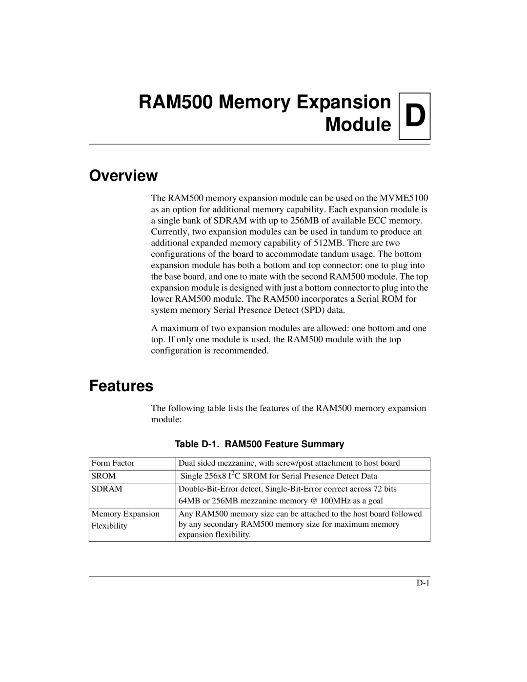 Motorola MVME5100, Single Board Computer manual Overview, Features, Table D-1. RAM500 Feature Summary 