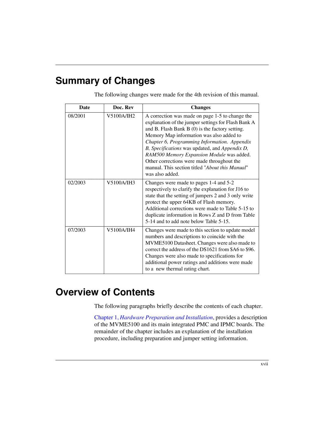 Motorola MVME5100, Single Board Computer manual Summary of Changes, Overview of Contents 