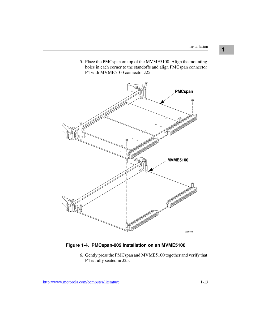 Motorola Single Board Computer manual PMCspan-002 Installation on an MVME5100 