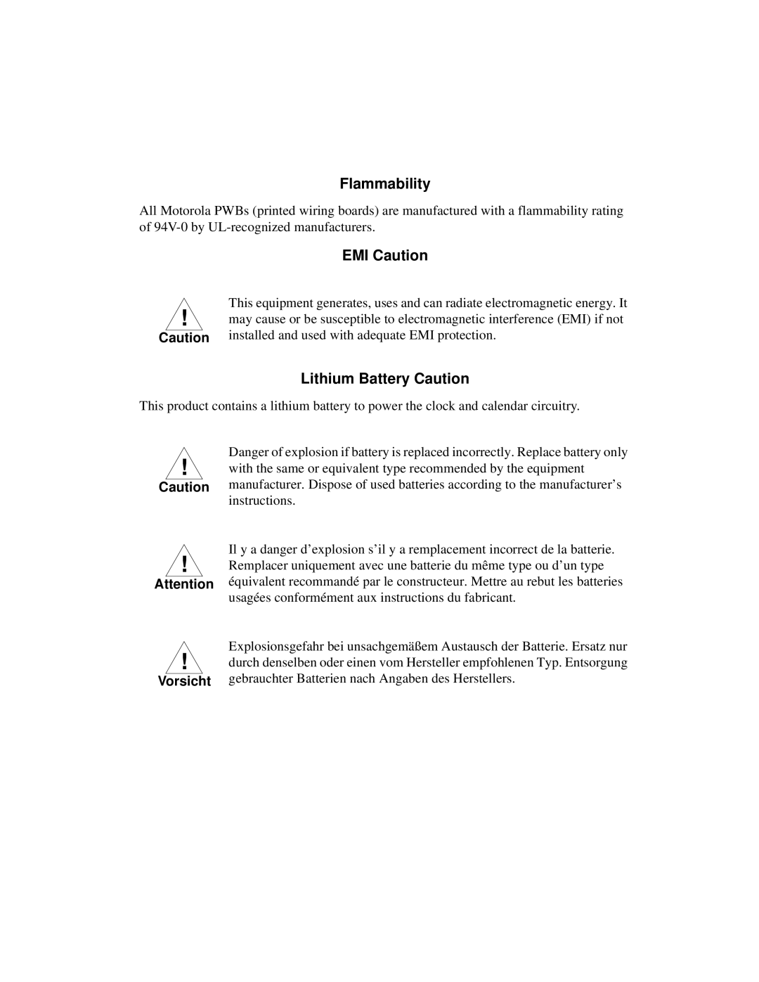 Motorola Single Board Computer, MVME5100 manual Flammability 