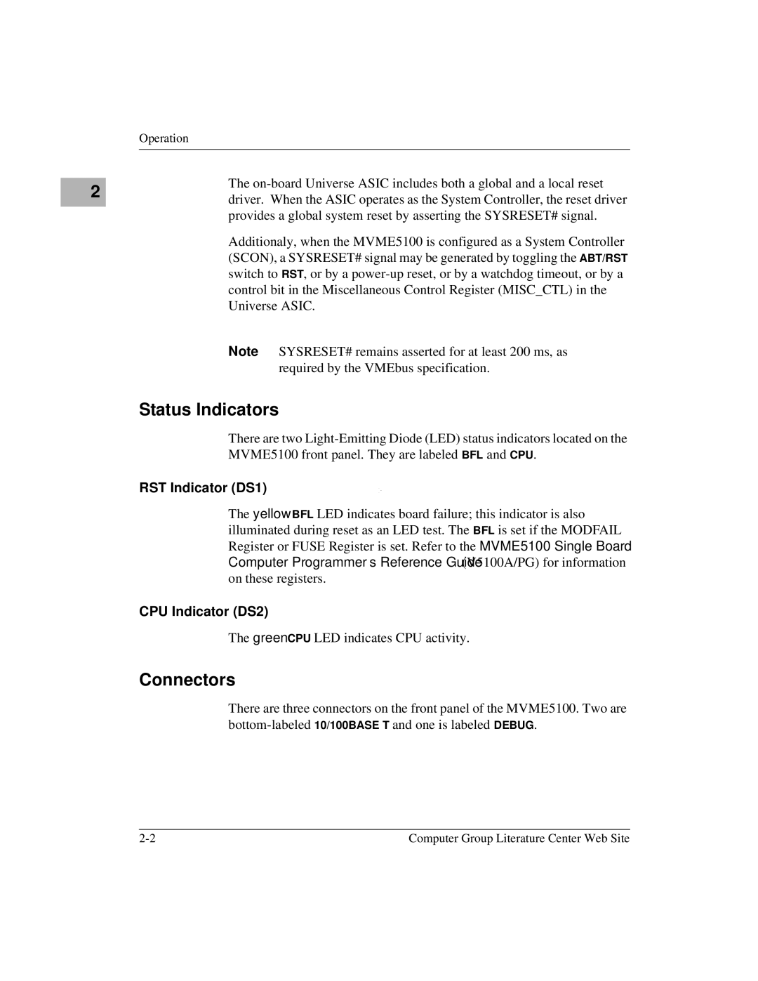 Motorola Single Board Computer, MVME5100 manual Status Indicators, Connectors, RST Indicator DS1, CPU Indicator DS2 