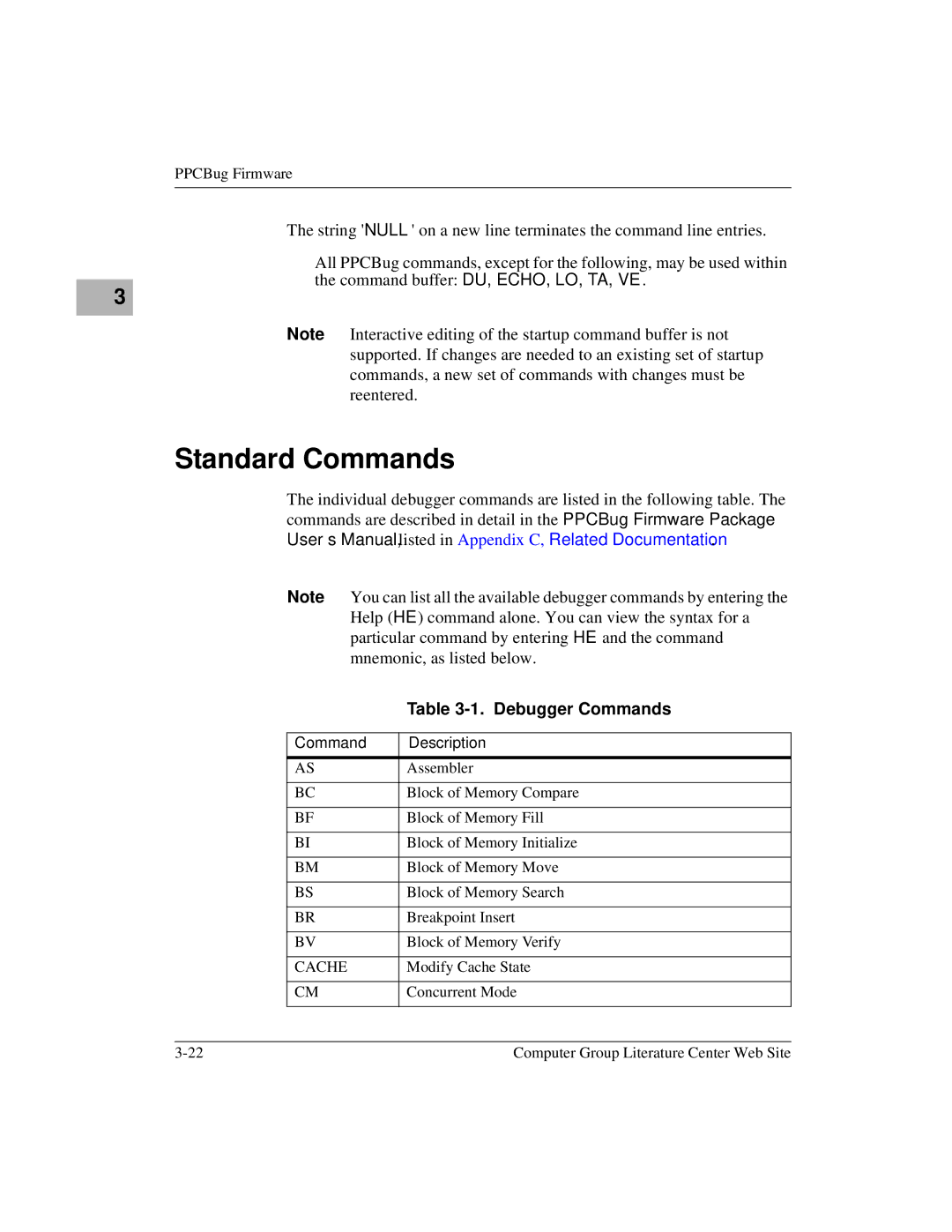 Motorola Single Board Computer, MVME5100 manual Standard Commands, Debugger Commands, Command Description 