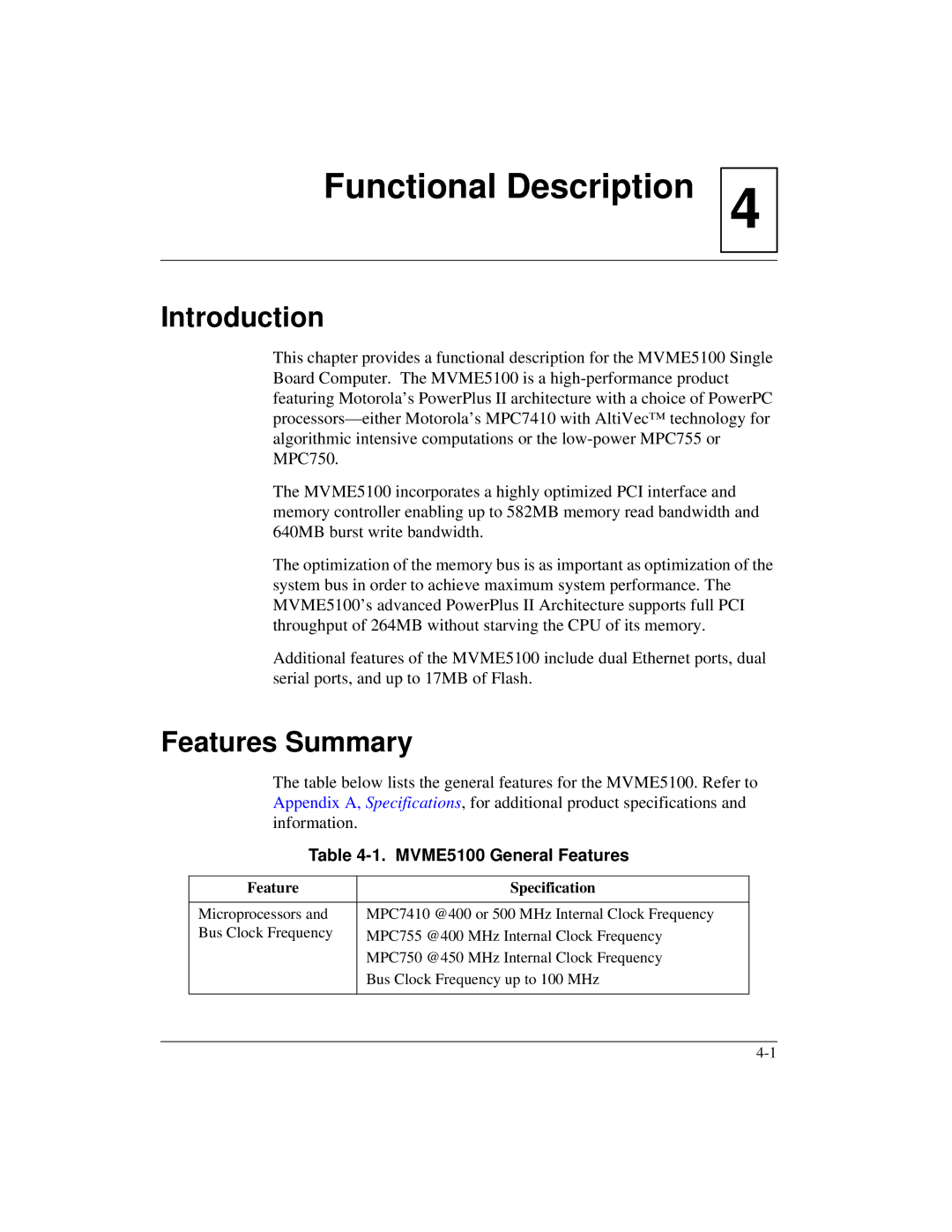 Motorola Single Board Computer manual Features Summary, MVME5100 General Features, Feature Specification 