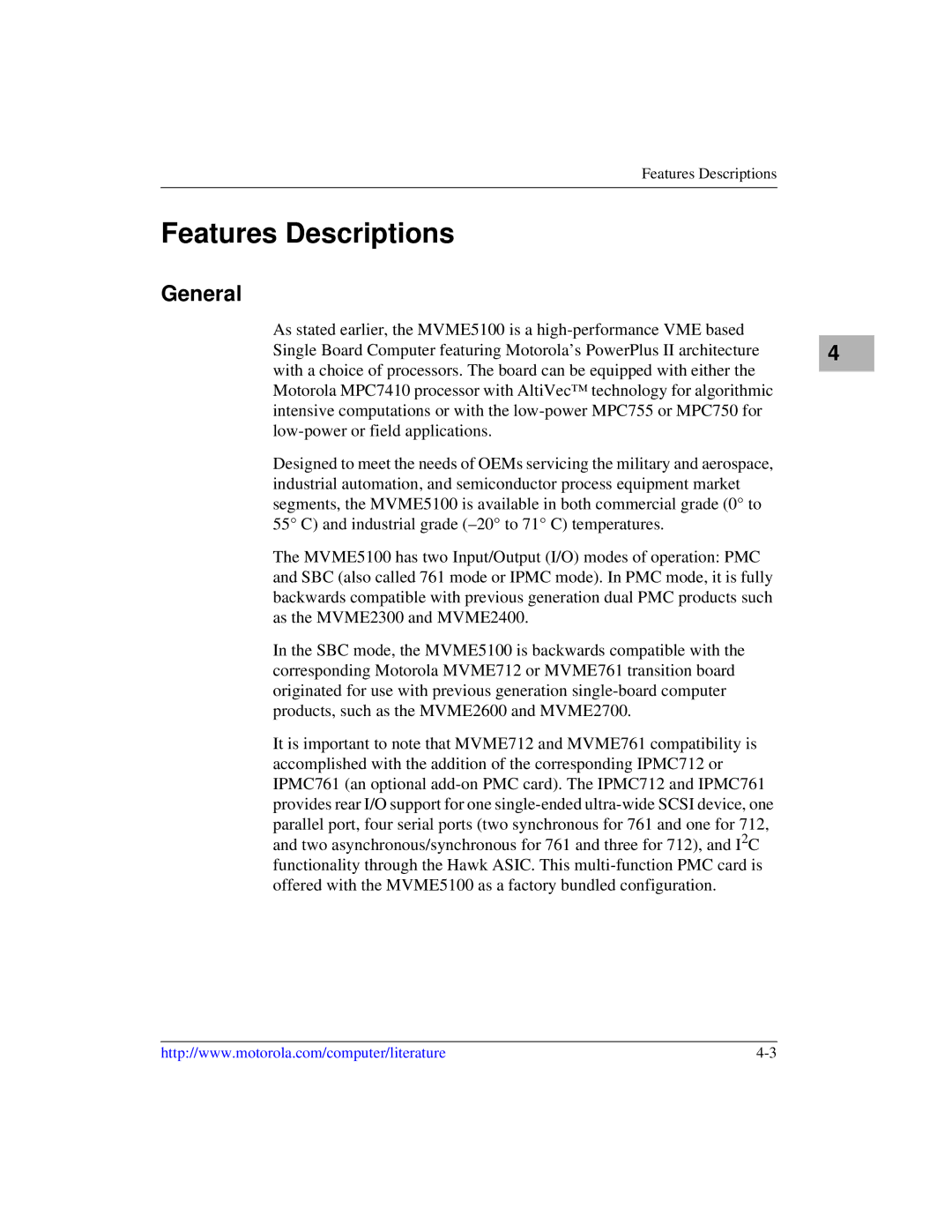 Motorola MVME5100, Single Board Computer manual Features Descriptions, General 