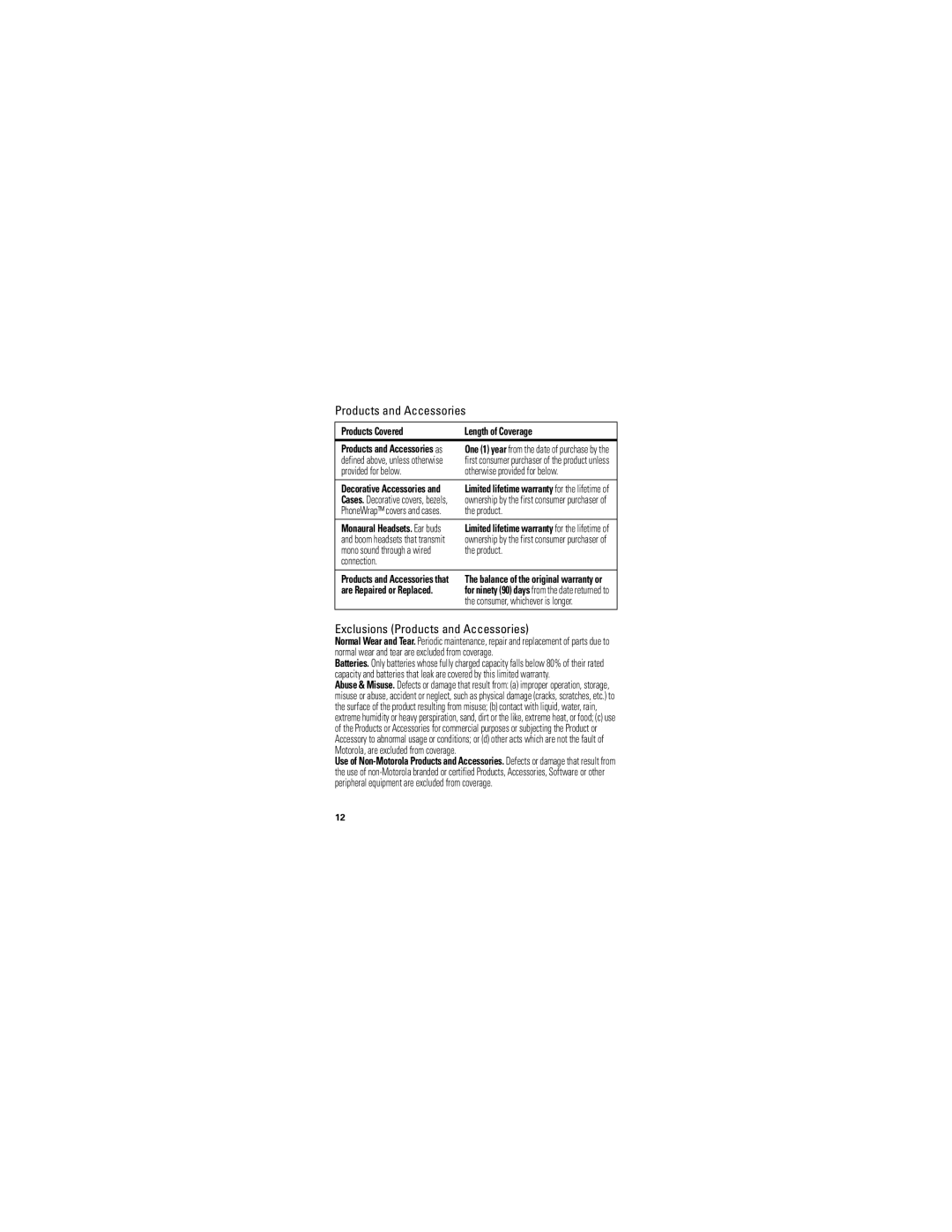 Motorola SJYN0827A manual Products Covered Length of Coverage, Provided for below Otherwise provided for below, Connection 