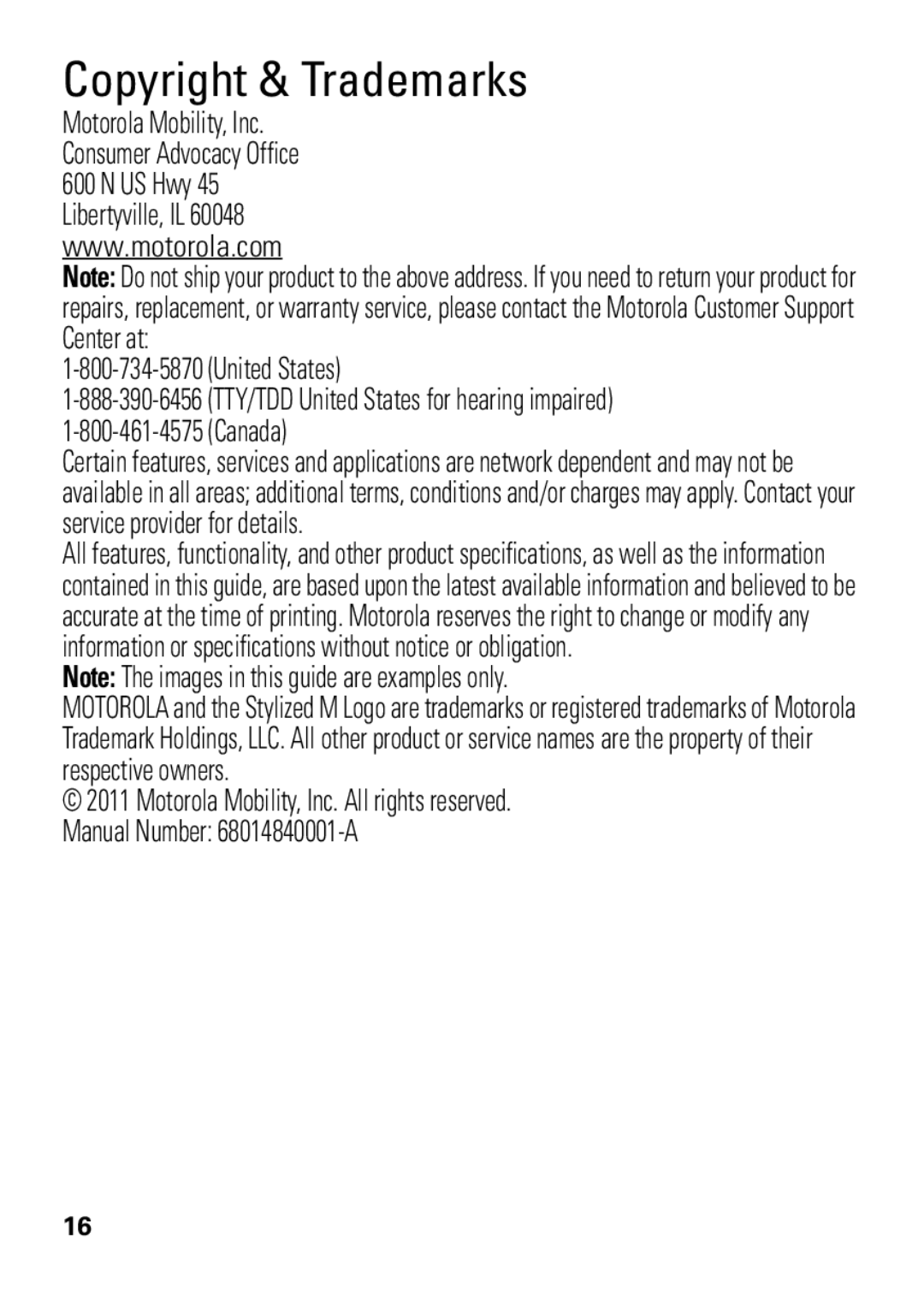 Motorola SJYN0827A manual Copyright & Trademarks, United States Canada 