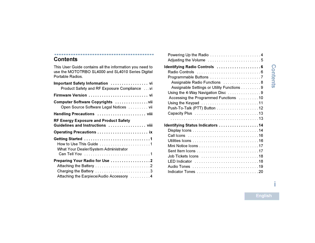 Motorola SL4010, SL4000 manual Contents 