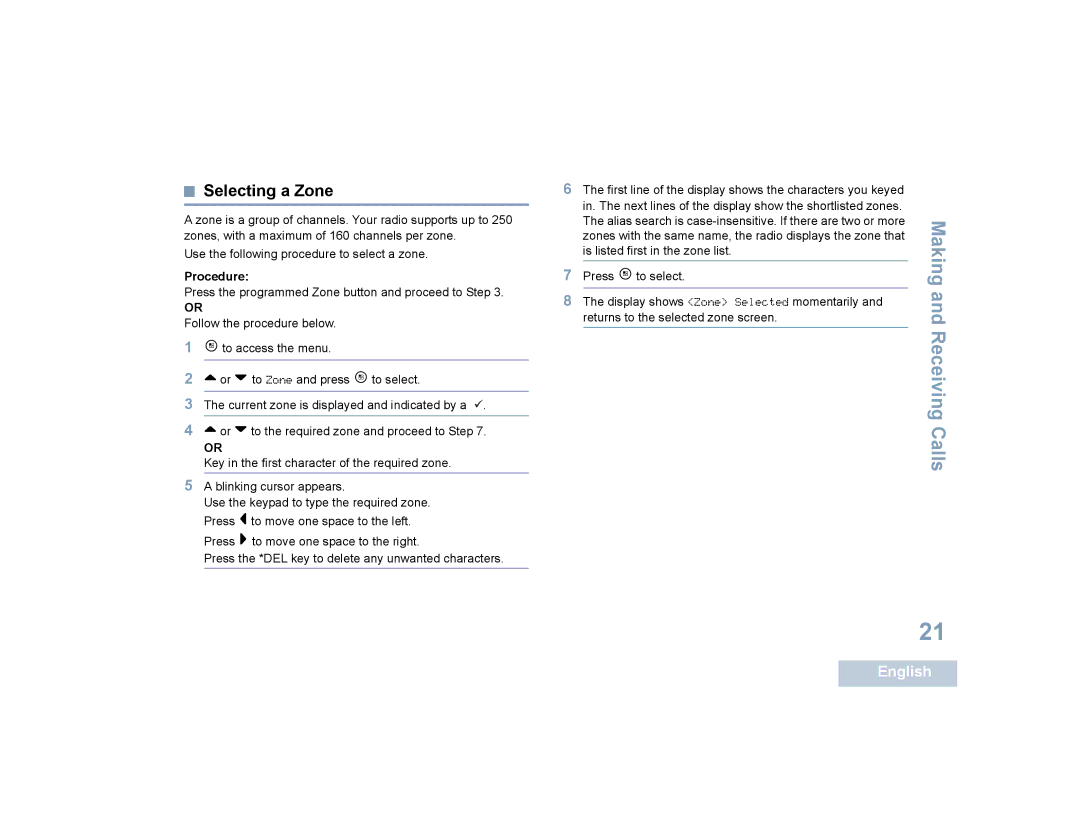 Motorola SL4010, SL4000 manual Selecting a Zone, Procedure 