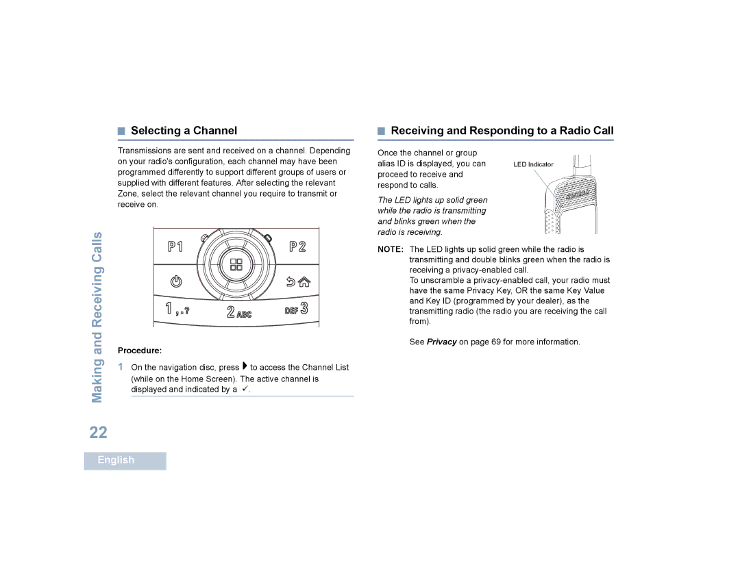 Motorola SL4000, SL4010 manual Selecting a Channel, Receiving and Responding to a Radio Call 