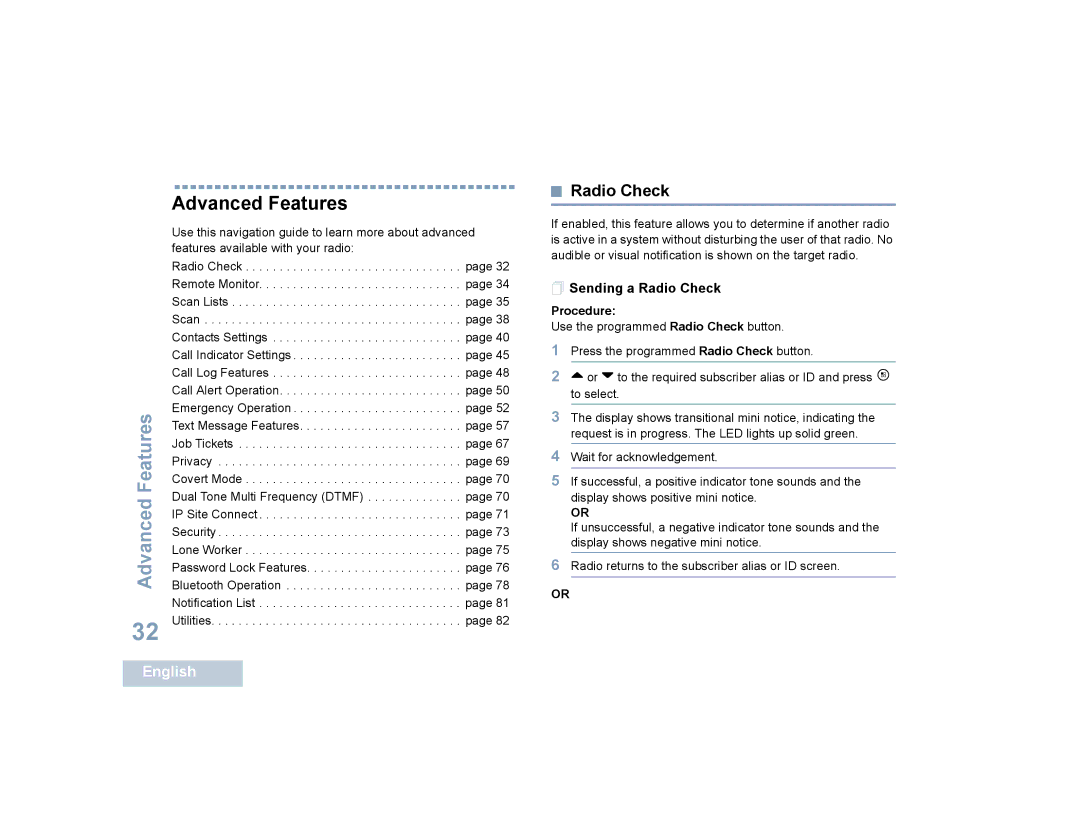 Motorola SL4000, SL4010 manual Advanced Features,  Sending a Radio Check 