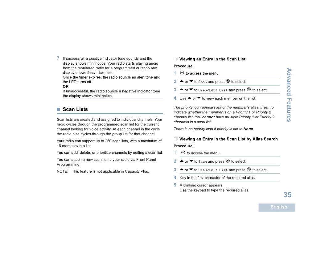 Motorola SL4010, SL4000 manual Scan Lists,  Viewing an Entry in the Scan List by Alias Search 