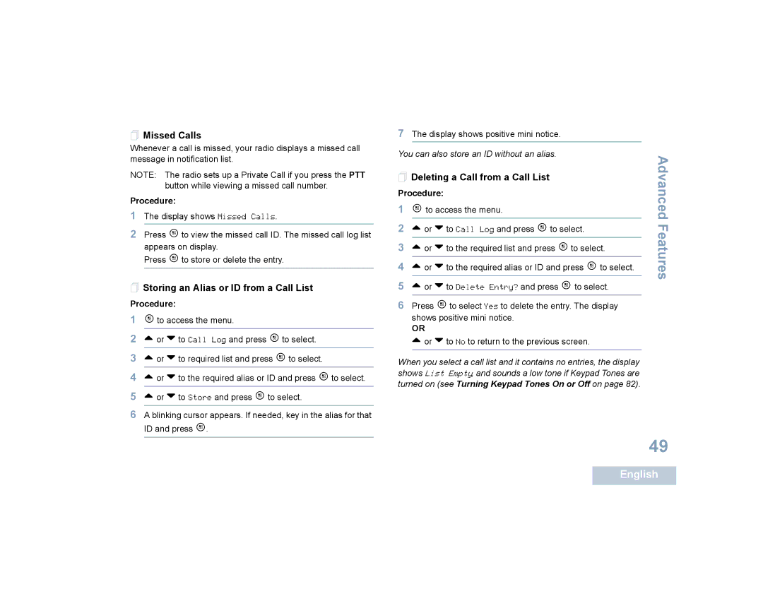 Motorola SL4010, SL4000 manual  Missed Calls,  Storing an Alias or ID from a Call List,  Deleting a Call from a Call List 