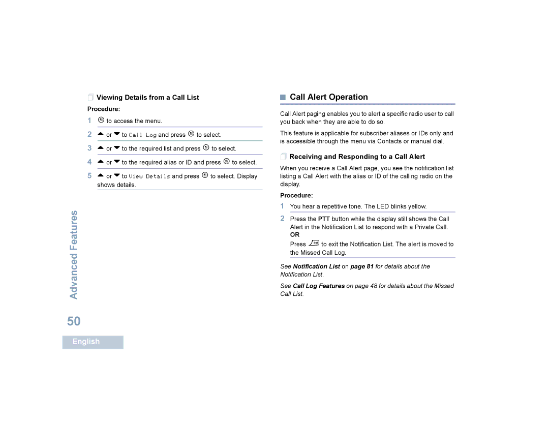 Motorola SL4000 manual Call Alert Operation,  Viewing Details from a Call List,  Receiving and Responding to a Call Alert 