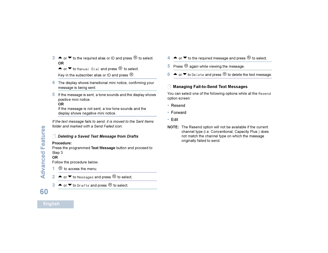 Motorola SL4000, SL4010 manual  Deleting a Saved Text Message from Drafts,  Managing Fail-to-Send Text Messages 