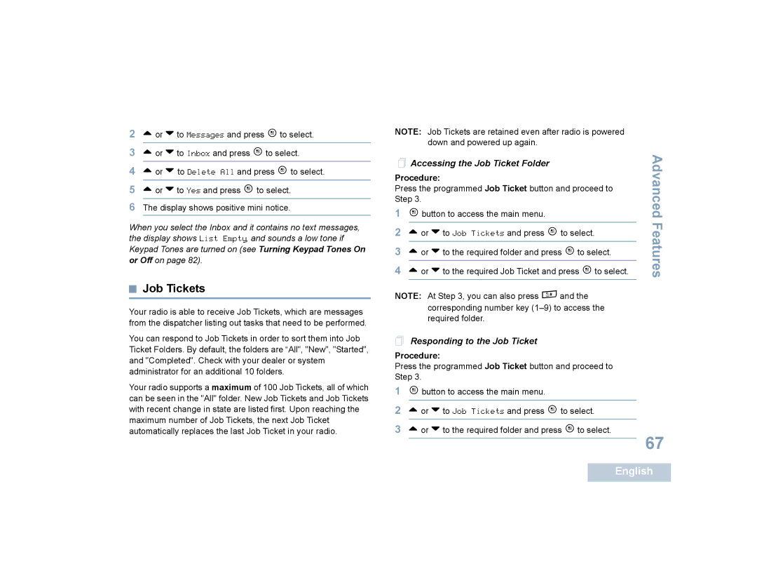 Motorola SL4010, SL4000 manual Job Tickets,  Accessing the Job Ticket Folder,  Responding to the Job Ticket 