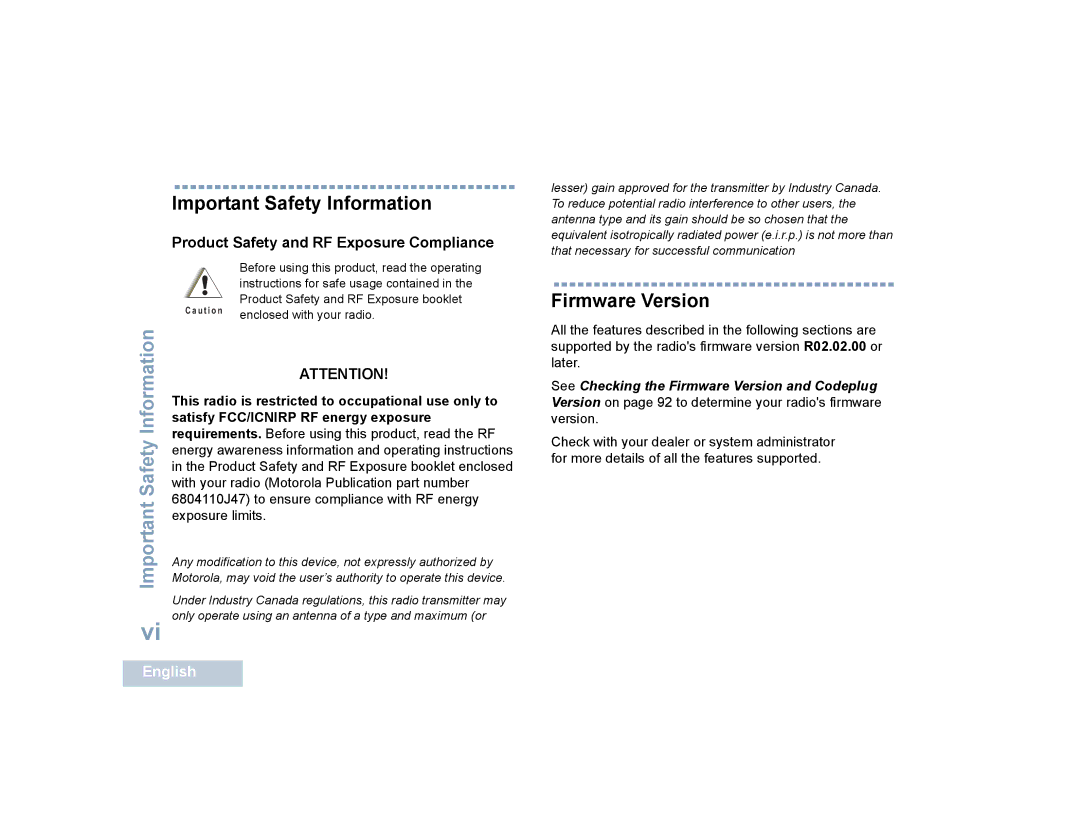 Motorola SL4000 manual Important Safety Information, Firmware Version, This radio is restricted to occupational use only to 