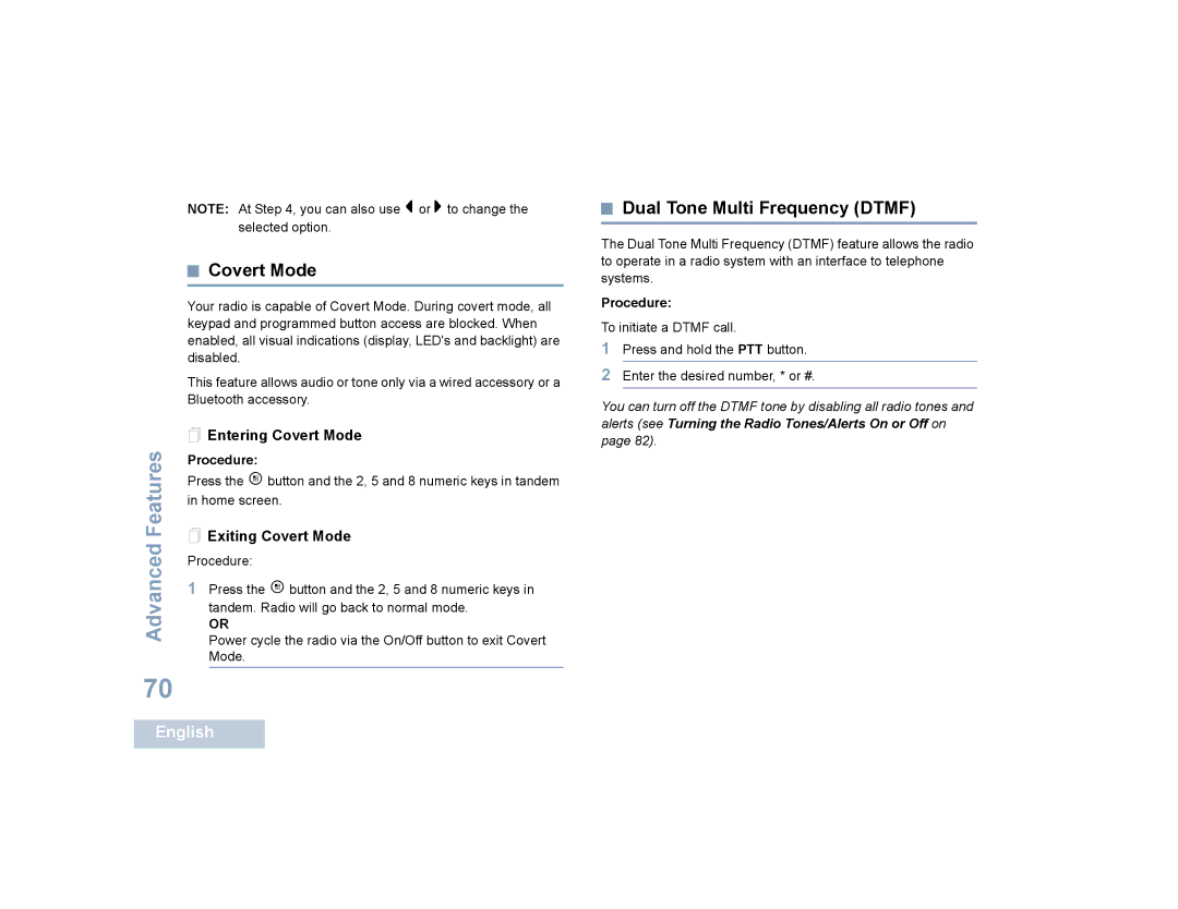 Motorola SL4000, SL4010 manual Dual Tone Multi Frequency Dtmf,  Entering Covert Mode,  Exiting Covert Mode 