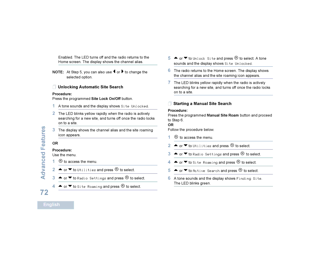 Motorola SL4000, SL4010 manual  Unlocking Automatic Site Search,  Starting a Manual Site Search 