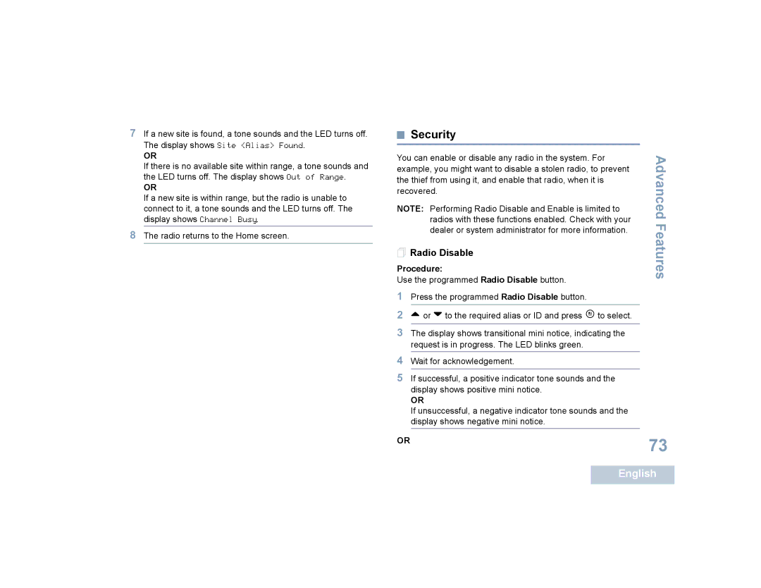 Motorola SL4010, SL4000 manual Security,  Radio Disable 