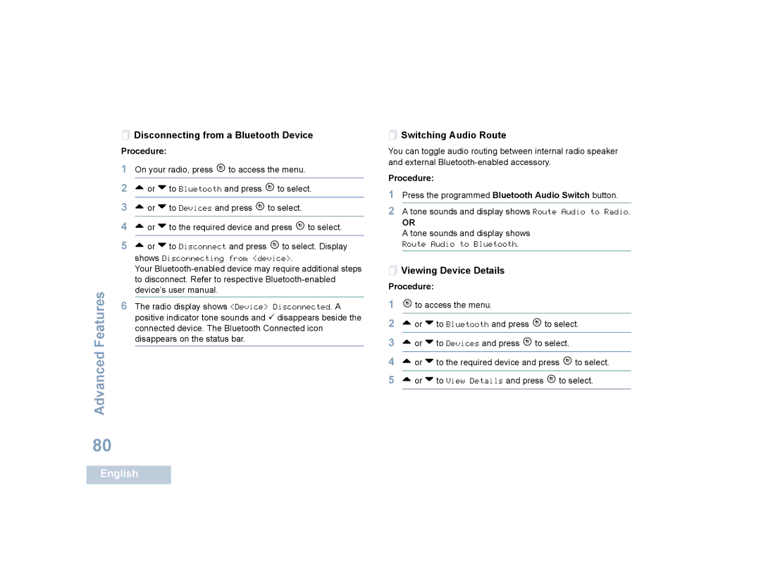 Motorola SL4000, SL4010 manual  Disconnecting from a Bluetooth Device,  Switching Audio Route,  Viewing Device Details 