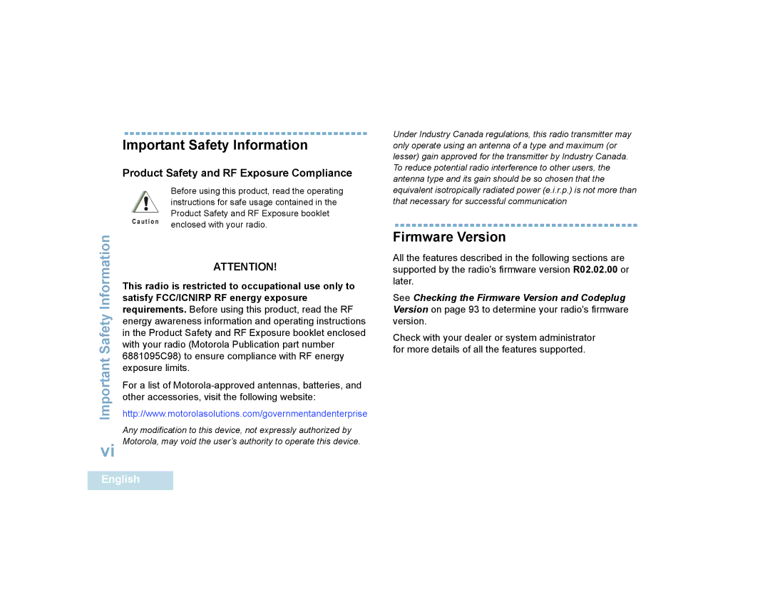 Motorola SL7550 manual Important Safety Information, Firmware Version, This radio is restricted to occupational use only to 