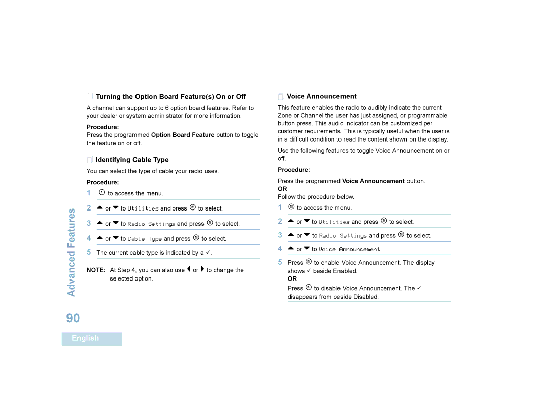 Motorola SL7550 manual  Turning the Option Board Features On or Off,  Identifying Cable Type,  Voice Announcement 
