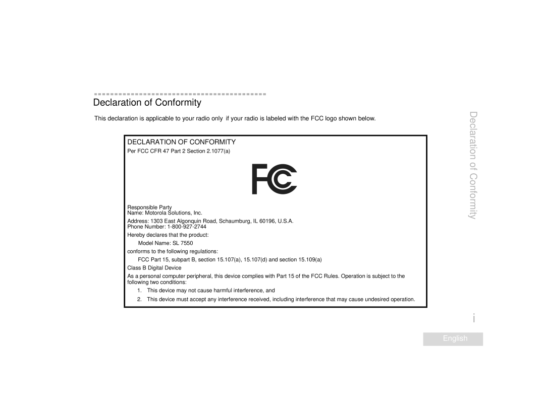 Motorola SL7550 manual Declaration of Conformity 