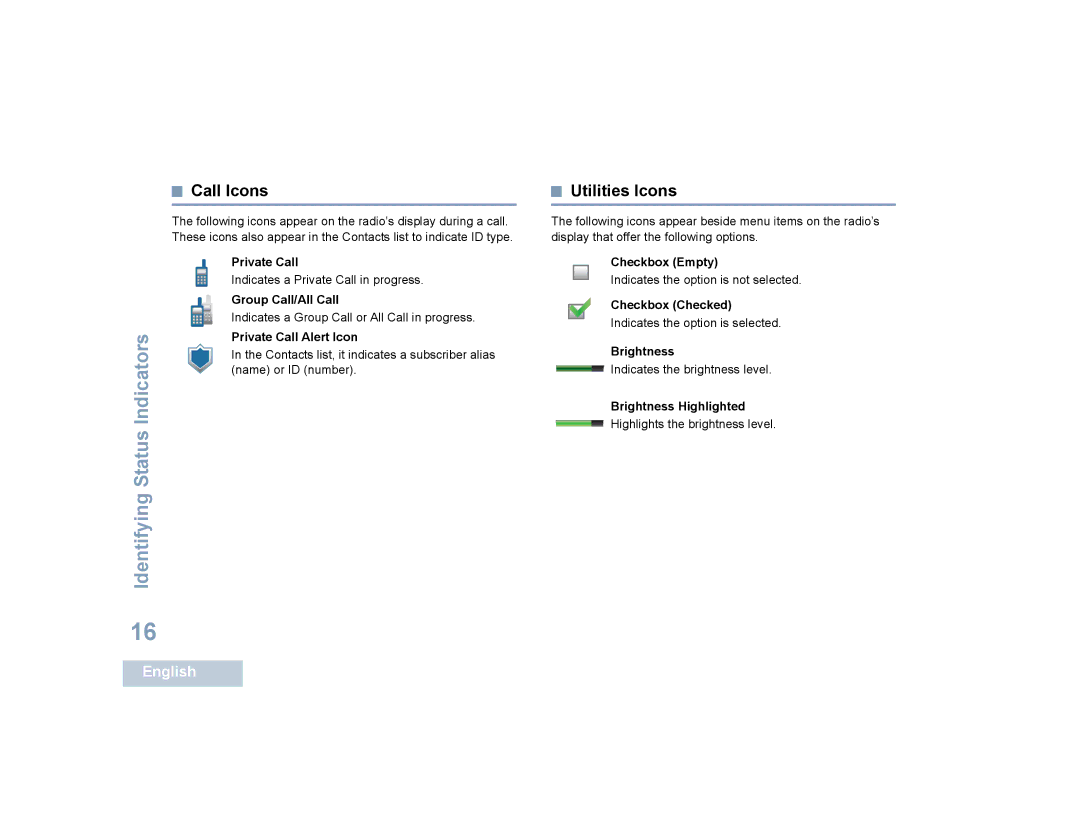 Motorola SL7550 manual Call Icons, Utilities Icons 