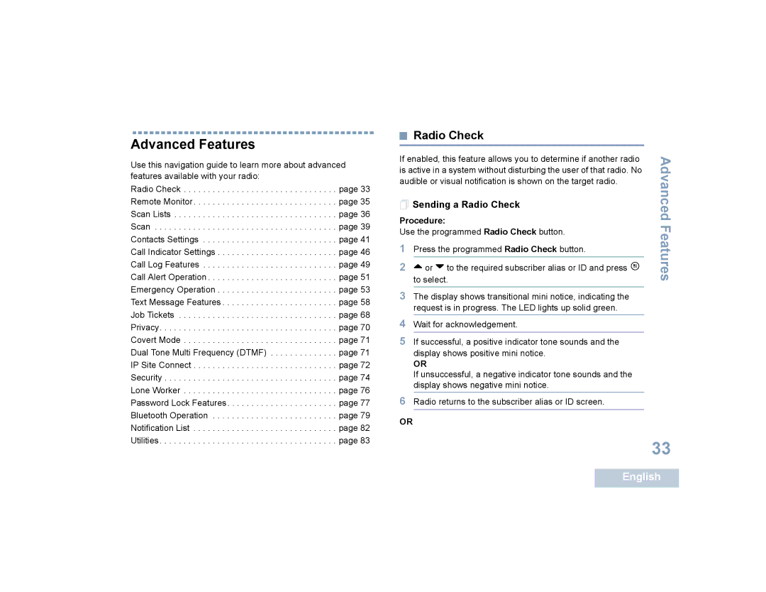 Motorola SL7550 manual Advanced Features,  Sending a Radio Check 