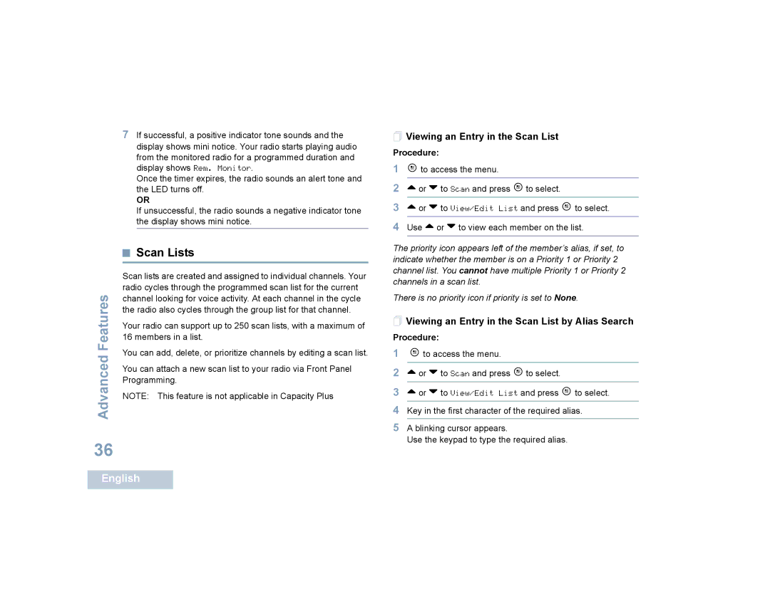 Motorola SL7550 manual Scan Lists,  Viewing an Entry in the Scan List by Alias Search 