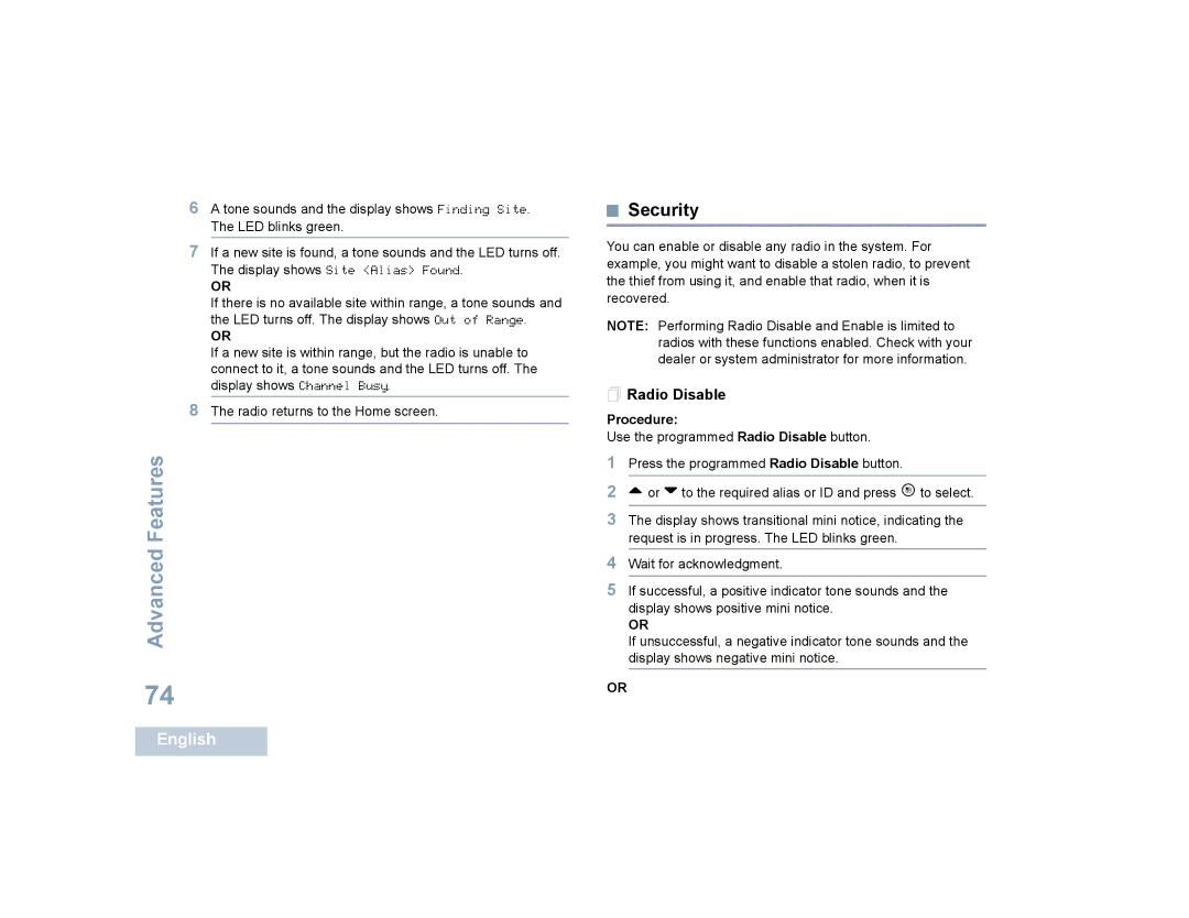 Motorola SL7550 manual Security,  Radio Disable 