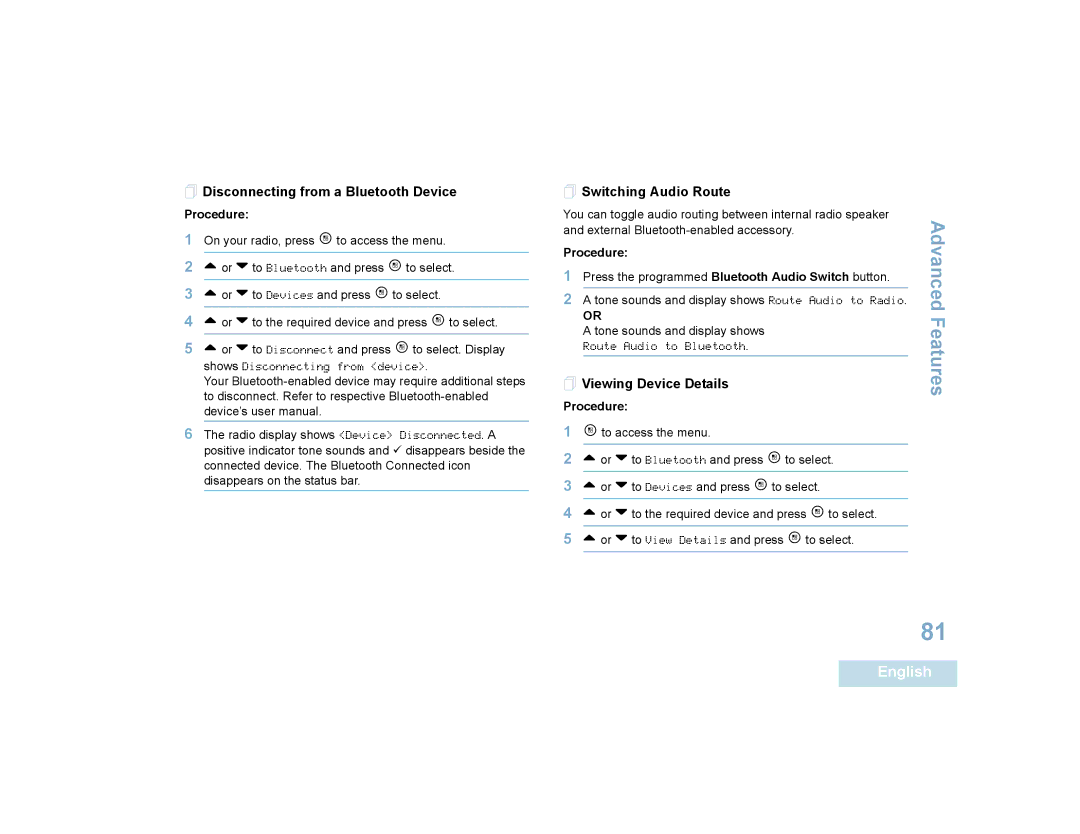 Motorola SL7550 manual  Disconnecting from a Bluetooth Device,  Switching Audio Route,  Viewing Device Details 