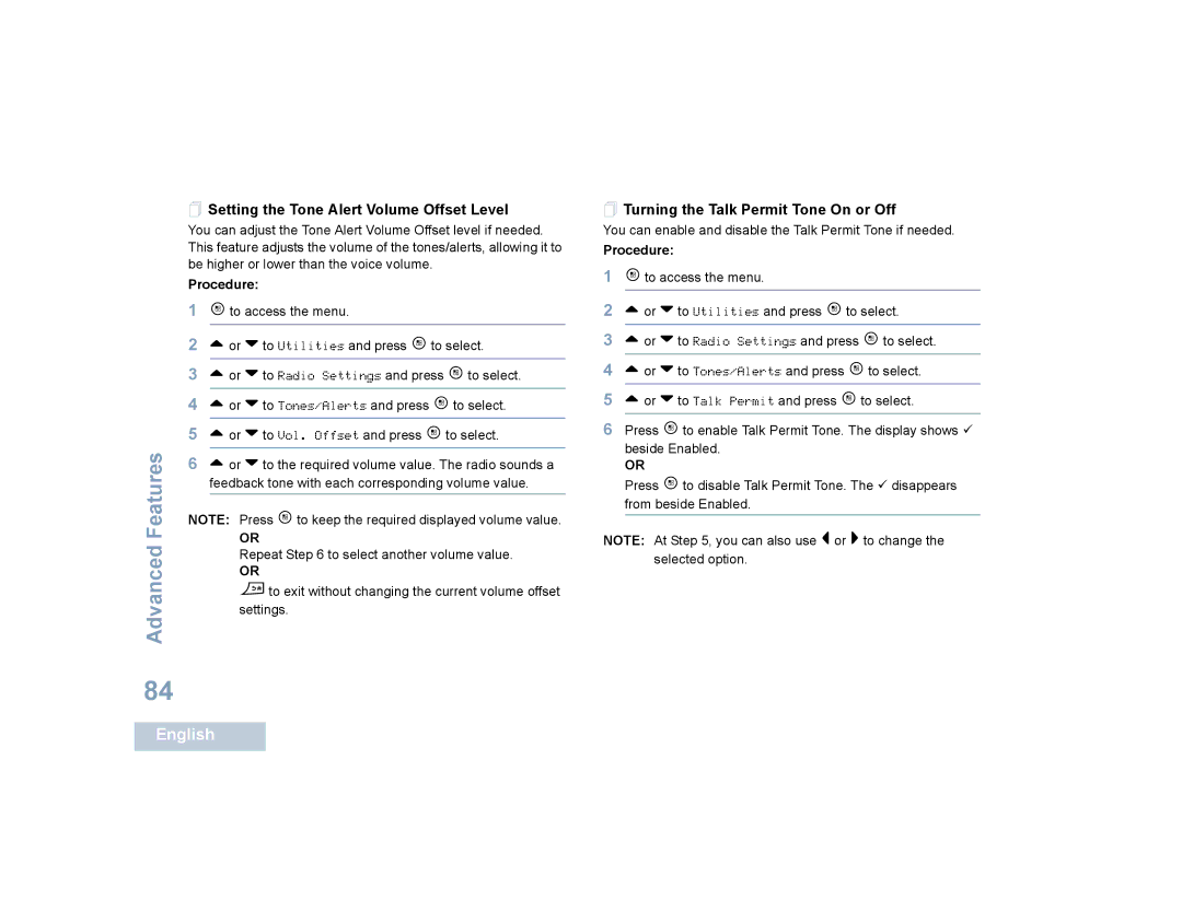 Motorola SL7550 manual  Setting the Tone Alert Volume Offset Level,  Turning the Talk Permit Tone On or Off 